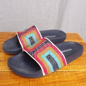 Bernado Slide Sandals Flats Women's Size 9 Colorful Woven Fabric Top, Navy Base